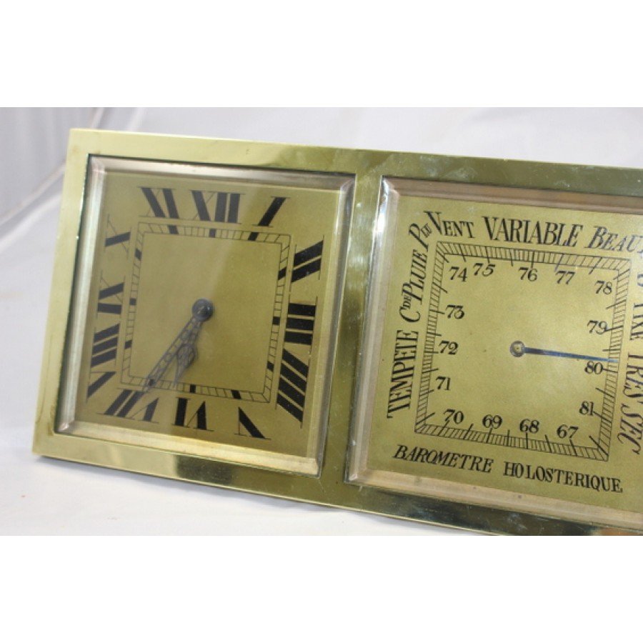 Antique Continental Brass Desk Clock & Barometer